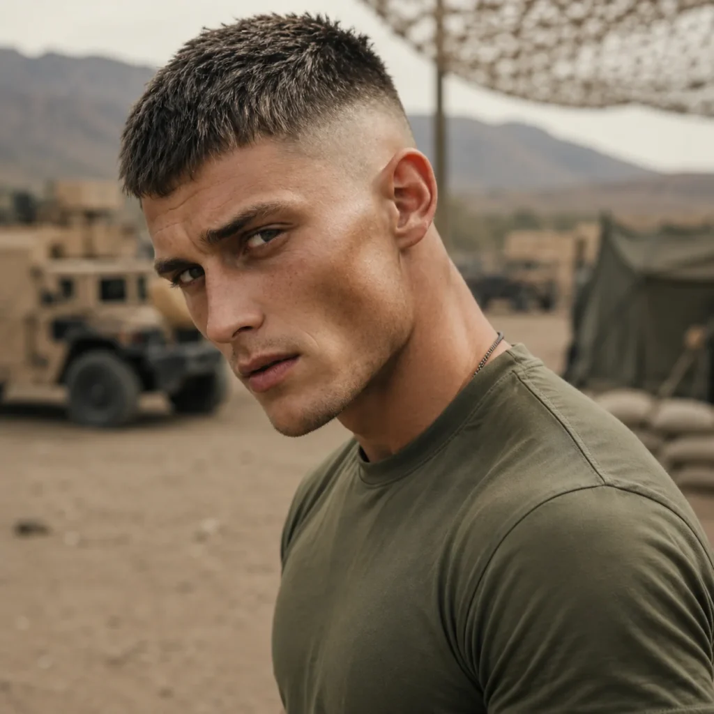 Potret close-up seorang lelaki dengan potongan rambut textured crop fade dan rambut coklat gelap, memakai T-shirt gaya tentera berwarna hijau olive. Latar belakang menampilkan kem tentera yang realistik dengan khemah, kenderaan, dan gunung, mewujudkan suasana luar yang lasak berinspirasikan tentera.
