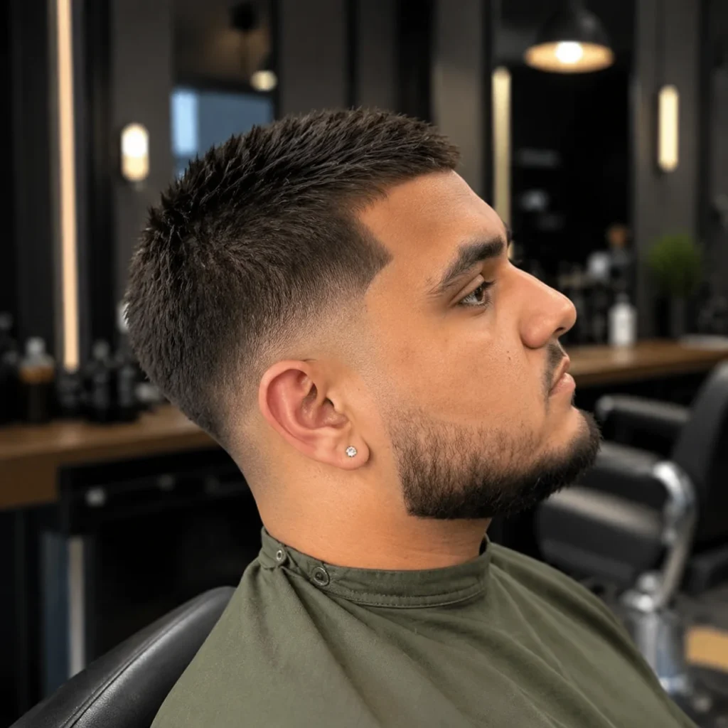 Pria muda dengan potongan rambut short military fade bertekstur dan janggut di barbershop.
