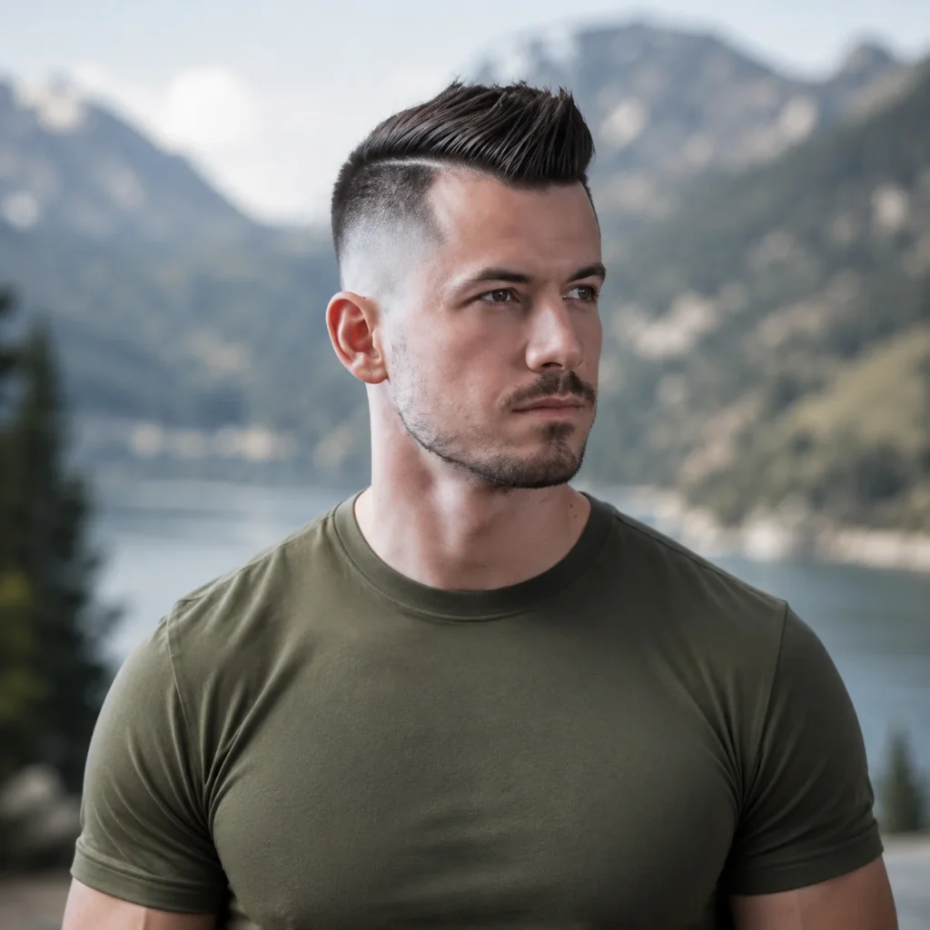 Potret seorang lelaki dengan potongan rambut high fade moden dan rambut gelap yang digayakan kemas, memakai T-shirt fitted berwarna hijau olive. Latar belakang menampilkan pemandangan alam semula jadi dengan gunung, pokok, dan tasik, mewujudkan suasana tenang dan semula jadi.
