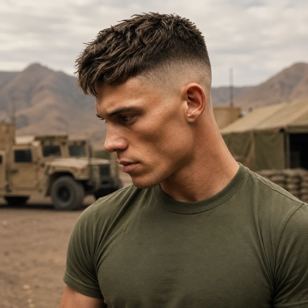 Potret close-up seorang lelaki dengan potongan rambut textured crop fade dan rambut gelap beralun, memakai T-shirt fitted berwarna hijau olive. Latar belakang menampilkan kem tentera yang realistik dengan khemah, kenderaan, dan gunung, mewujudkan suasana luar yang lasak berinspirasikan tentera.

