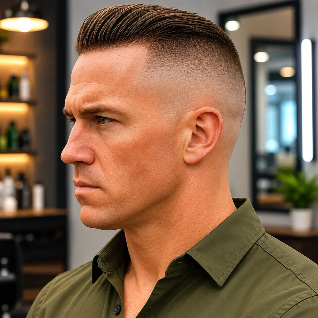 Profil sisi seorang lelaki dengan potongan rambut military fade yang tajam dan gaya slick back, memakai kemeja hijau olive dalam suasana kedai gunting rambut moden di dalam bangunan.
