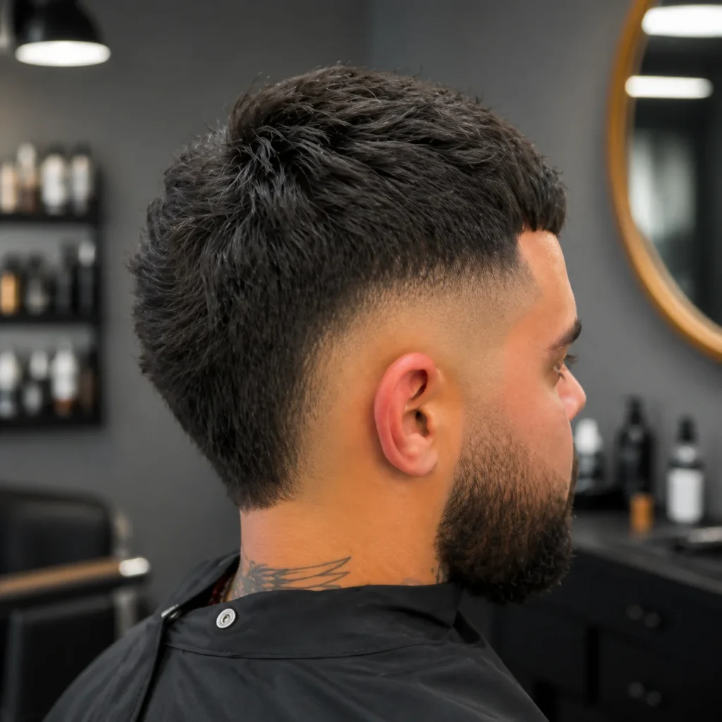 Profil sisi seorang lelaki dengan potongan rambut bertekstur dan fade yang kemas, menampilkan janggut yang rapi dan tatu leher yang halus, dirakam dalam suasana kedai gunting rambut moden dengan latar belakang kabur.
