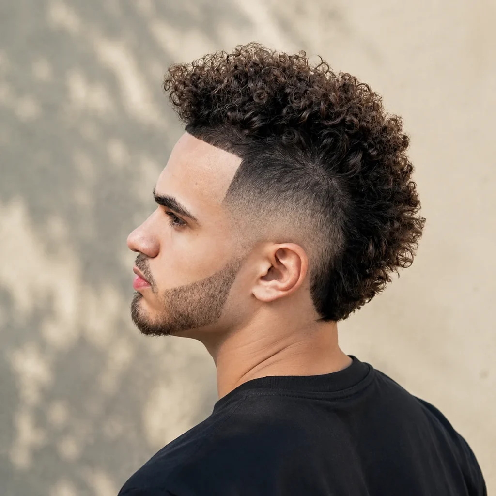 Profil sisi seorang lelaki muda dengan potongan rambut curly mohawk fade, memakai kemeja hitam, menampilkan gaya rambut bertekstur moden dengan garisan kemas dan janggut yang dipotong rapi.
