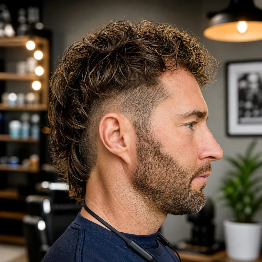 Potongan rambut curly mohawk fade dengan ikal bertekstur, sisi dengan skin fade yang bersih, serta gaya jenggot yang rapi dan tajam dalam suasana barbershop modern.
