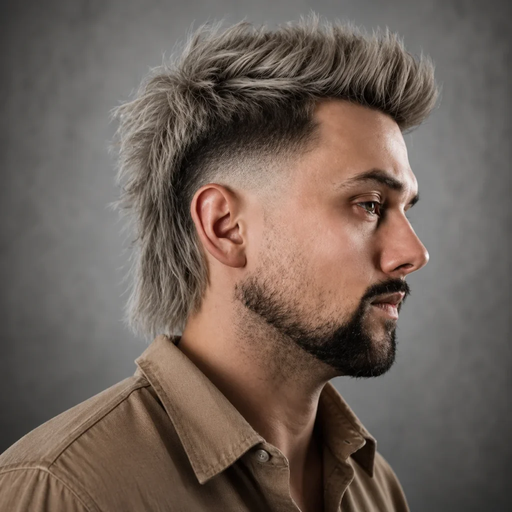 Potongan rambut burst fade mullet modern dengan rambut ash blonde bertekstur, sisi skin fade yang tajam, serta volume tertata di bagian atas untuk tampilan fade haircut pria yang trendi.
