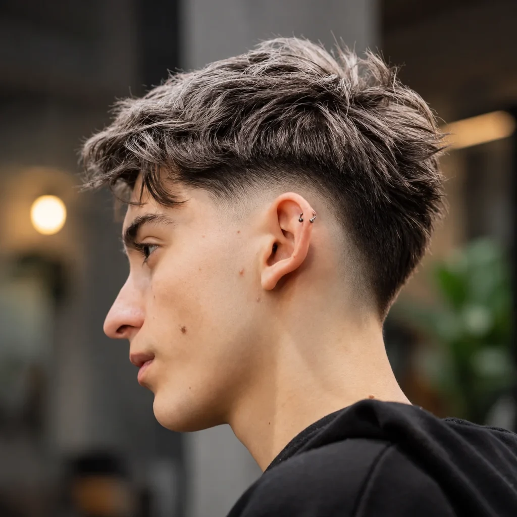 Profil sisi seorang lelaki dengan potongan rambut low fade yang trendy dan bahagian atas bertekstur berantakan, menampilkan skin fade yang licin di bahagian sisi dan belakang dengan penampilan moden yang bergaya.