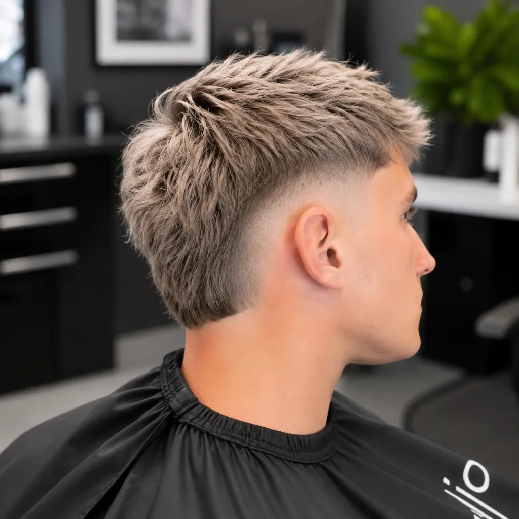 Pandangan sisi seorang lelaki muda dengan potongan rambut low skin fade yang kemas dan bahagian atas bertekstur, menunjukkan blend yang licin di sekitar telinga dan garis leher dalam suasana kedai gunting rambut moden.