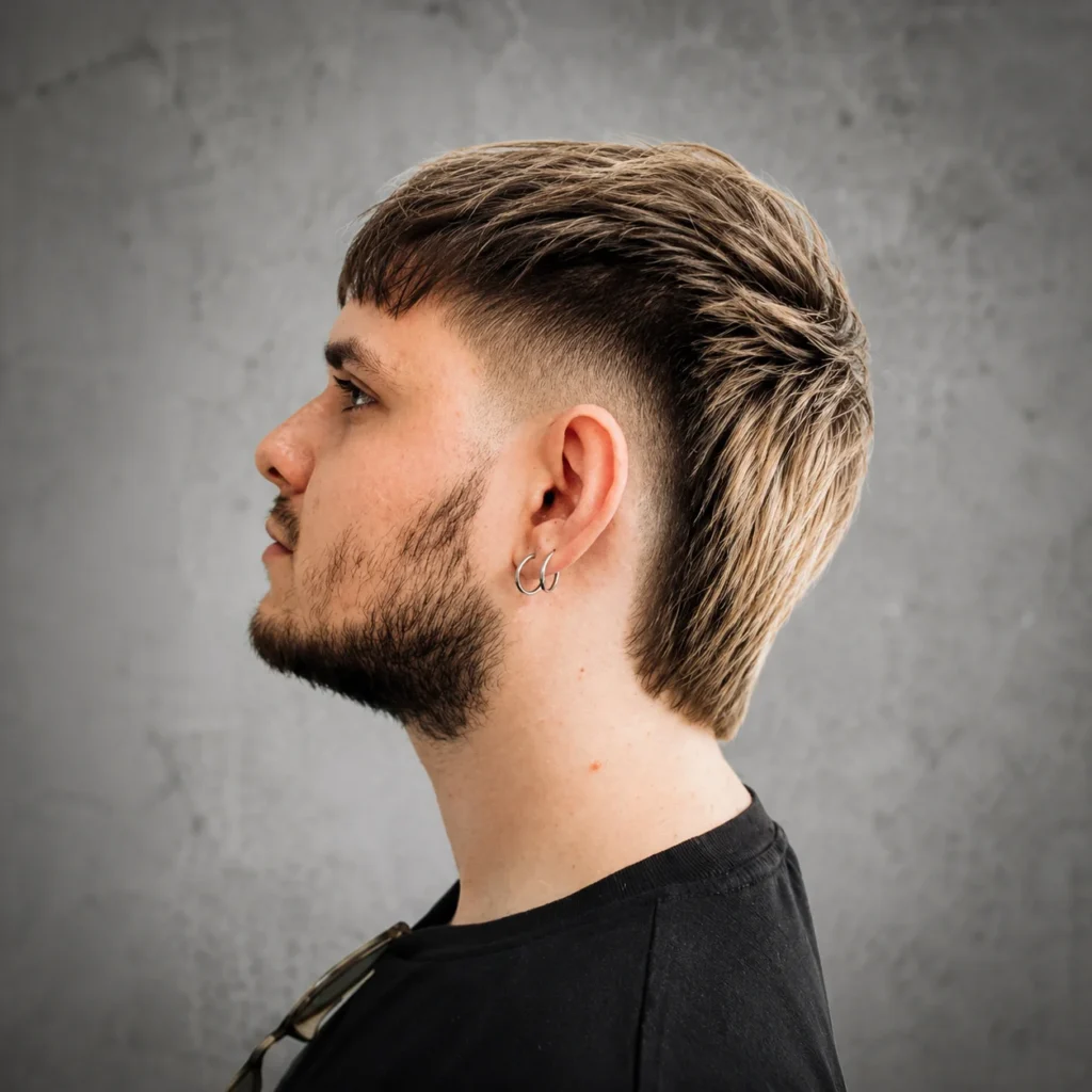 Potongan rambut curly mullet fade dengan ikal alami bertekstur, sisi samping yang bersih dengan fade yang rapi, serta desain bagian belakang mullet modern untuk tampilan gaya rambut pria yang stylish dan trendi.
