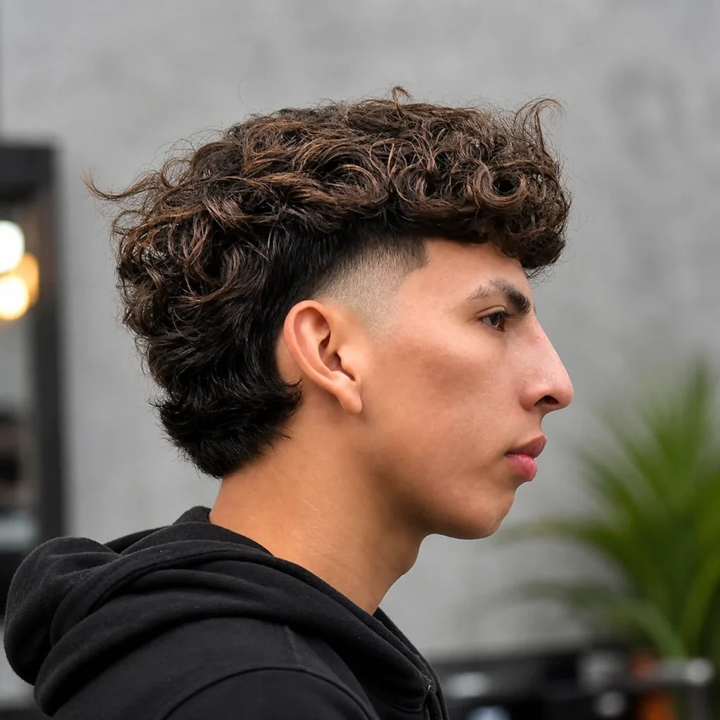 Wavy mullet dengan potongan low fade, tampak samping seorang pria dengan rambut bergelombang bertekstur di bagian atas dan sisi yang ditaper rapi, menampilkan gaya fade haircut modern dan trendi untuk pria – cocok untuk website fade haircut.

