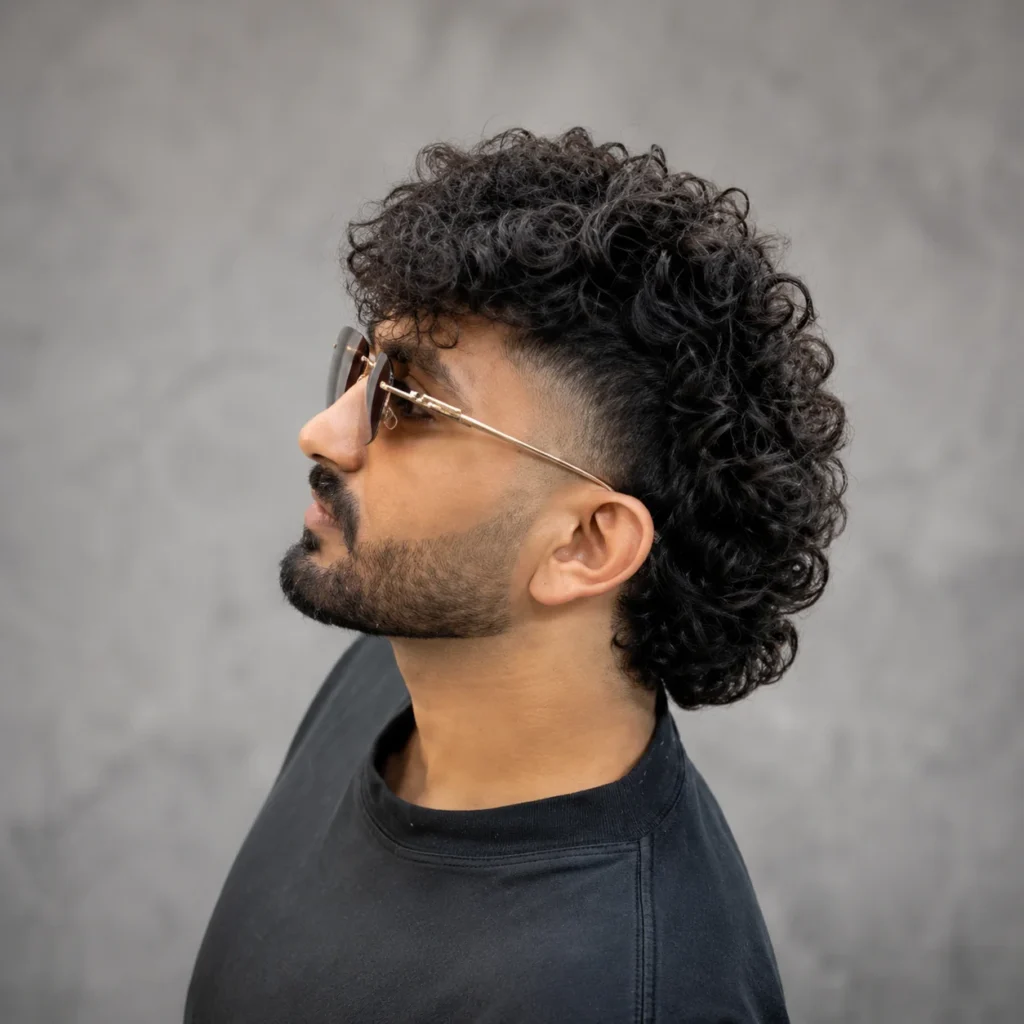 Potongan rambut curly mullet fade dengan ikal yang terdefinisi dan bertekstur, sisi samping dengan taper fade yang bersih, serta bentuk mullet modern yang stylish untuk tampilan gaya rambut pria yang berani dan trendi.

