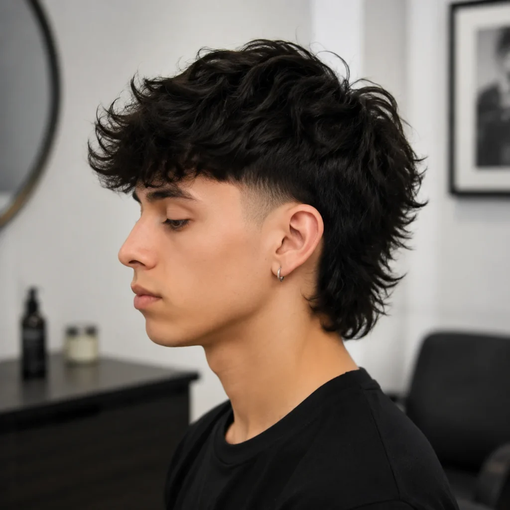 Pria muda dengan gaya rambut **mullet bergelombang** dan potongan **low fade**, tampak dari samping, mengenakan kaus hitam dan anting hoop kecil, berada di barbershop modern yang bersih dengan pencahayaan lembut — contoh gaya potongan rambut fade yang trendi.