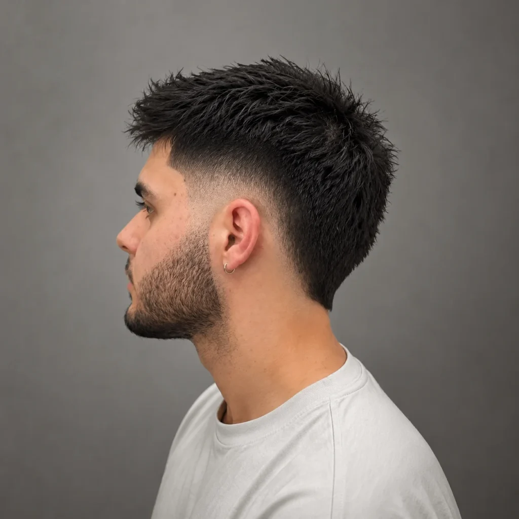 Side profile seorang pria muda dengan potongan rambut black textured fade dan janggut, mengenakan kemeja putih — gaya rambut fade.
