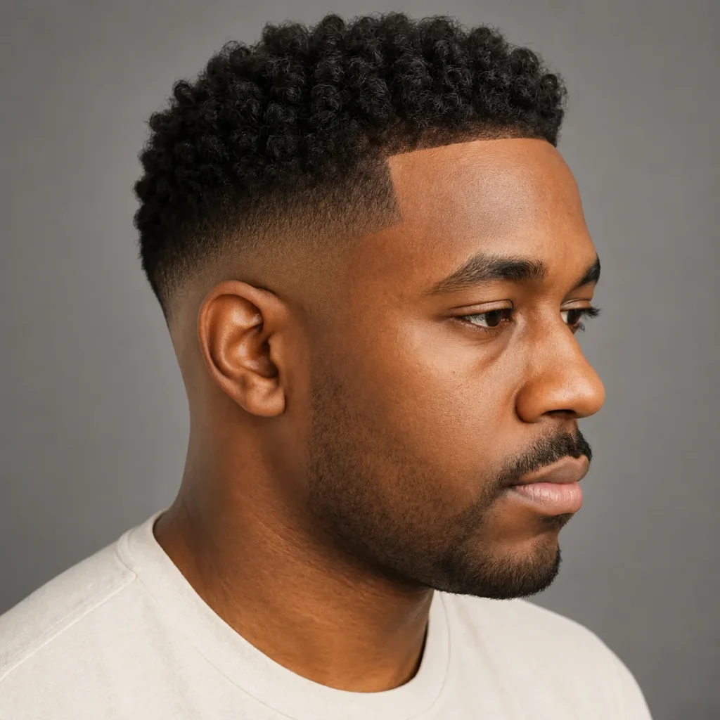Tampak samping seorang pria muda dengan potongan rambut **Ninja low taper fade** dan bagian atas rambut keriting, rambut gelap bertekstur, mengenakan kemeja abu-abu tua, dengan latar belakang abu-abu muda — menampilkan gaya potongan rambut fade yang modern dan stylish.