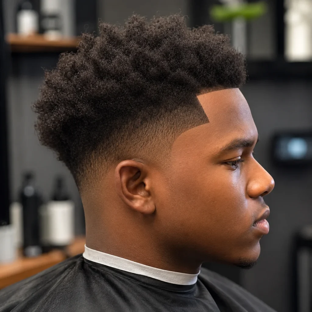 Tampak samping seorang pria kulit hitam dengan potongan rambut high top curly fade, garis temple tajam, low fade rapi, dan ikal alami bertekstur yang ditata di suasana barbershop modern.
