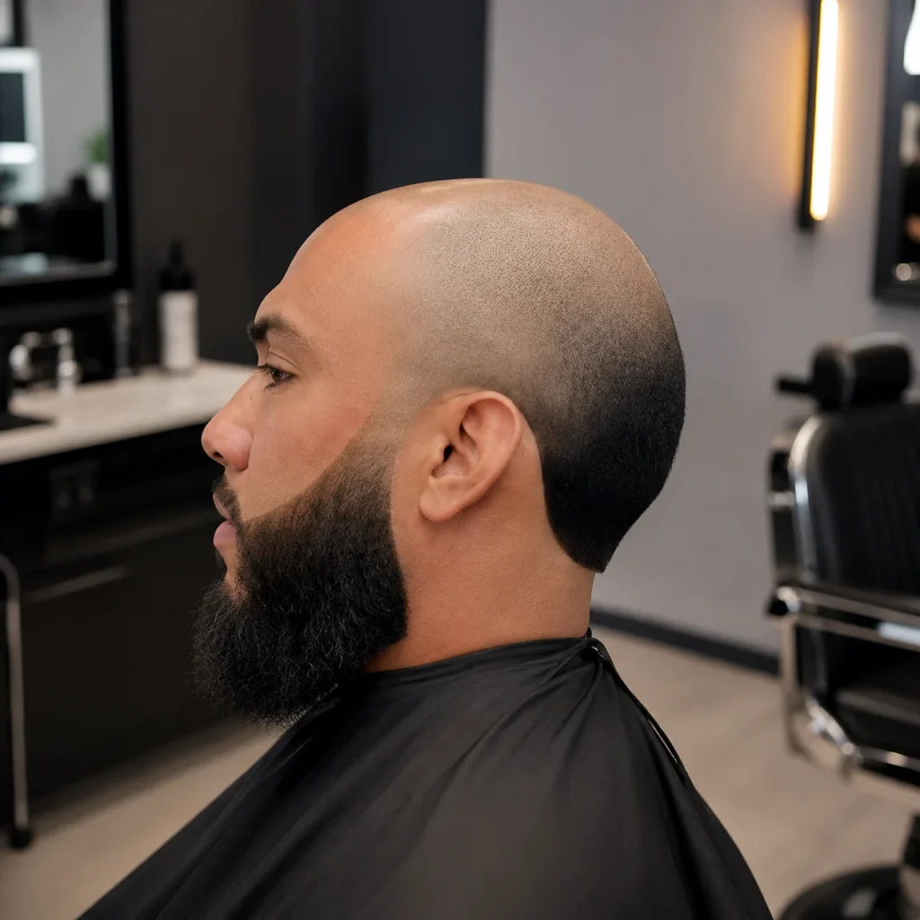 **Reverse fade haircut** dengan **bald top transition dan sharp full beard styling**, menampilkan potongan rambut pria yang unik dan modern dalam potret barbershop profesional yang rapi dan stylish.
