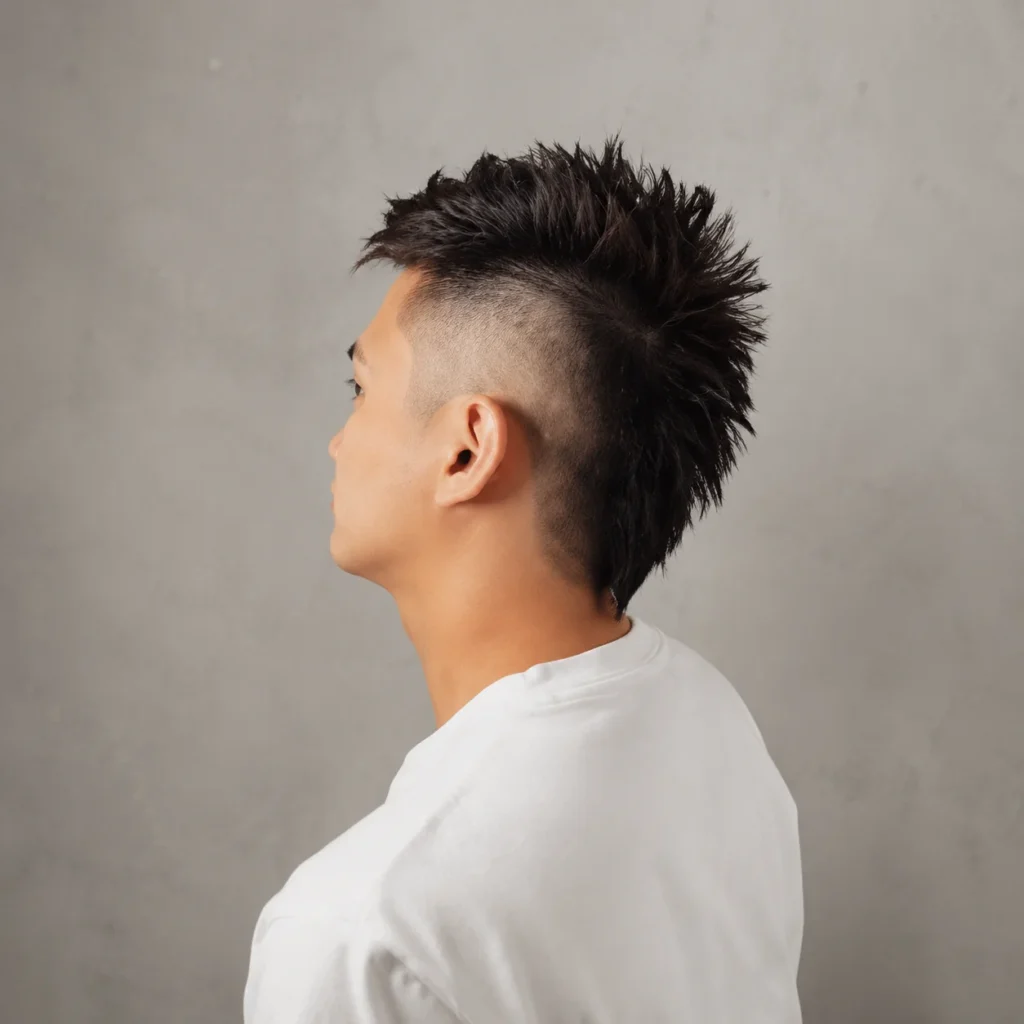 Profil sisi seorang lelaki muda dengan potongan rambut mohawk fade yang dramatik, memakai T-shirt putih, menampilkan gaya rambut spiky moden dengan sisi bercukur kemas berlatar belakang kelabu neutral.

