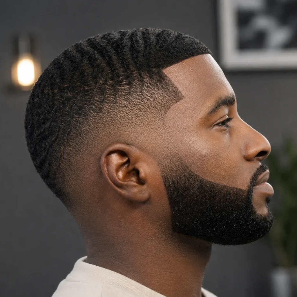 Tampak samping seorang pria kulit hitam dengan potongan rambut 360 waves, mid fade tajam, garis rambut presisi, dan janggut full boxed beard yang ditata rapi dengan gaya barber modern di latar studio blur.
