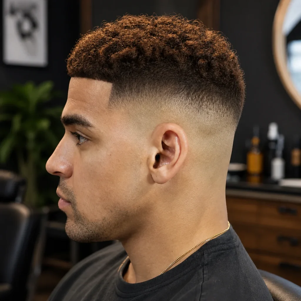 Tampilan samping potongan rambut low skin fade dengan rambut keriting pendek di bagian atas, menampilkan garis tepi (line up) yang tajam serta transisi fade yang halus dalam suasana barbershop modern.