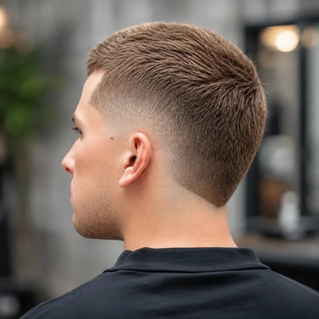 Pandangan belakang dan sisi seorang lelaki dengan potongan rambut low fade yang kemas dan bahagian atas pendek bertekstur, menampilkan taper yang licin di sekitar garis leher dalam suasana kedai gunting rambut moden.