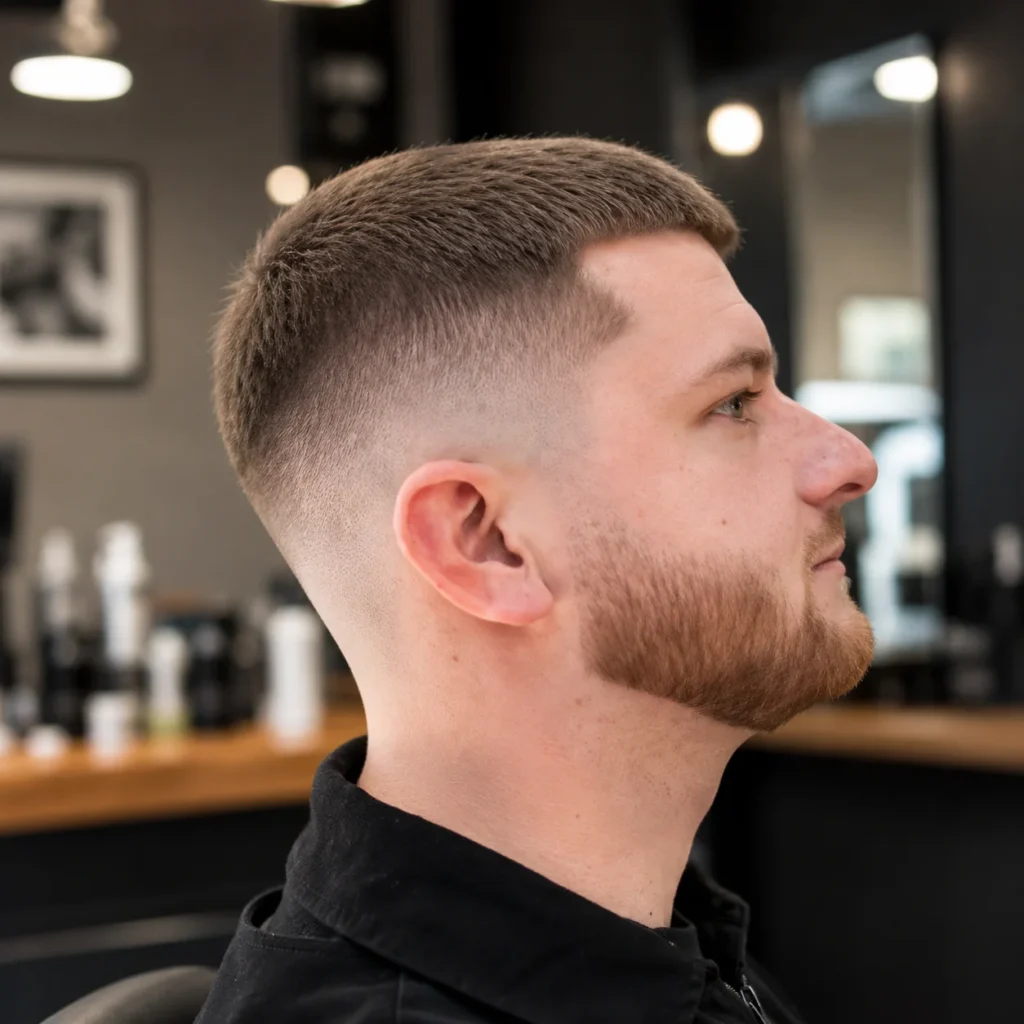 Tampilan profil samping seorang pria muda dengan potongan rambut low fade yang rapi dan bagian atas pendek bertekstur di barbershop modern dalam ruangan, menampilkan rambut cokelat muda, garis janggut yang tajam, dan kaos hitam.
