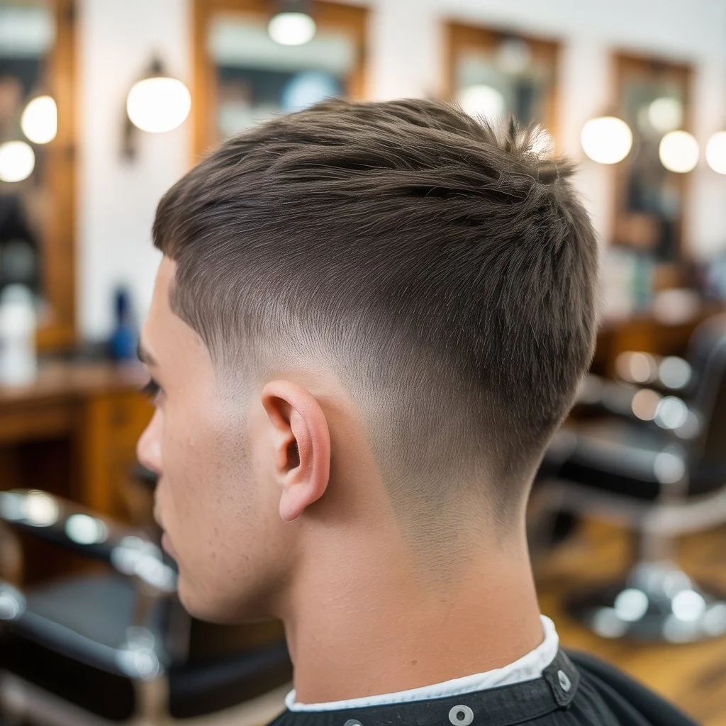 Potongan rambut **short drop fade moden** dengan bahagian atas bertekstur dan low skin fade yang bersih dalam suasana kedai gunting rambut profesional – inspirasi gaya rambut fade lelaki bergaya untuk Fade-Haircut.com
