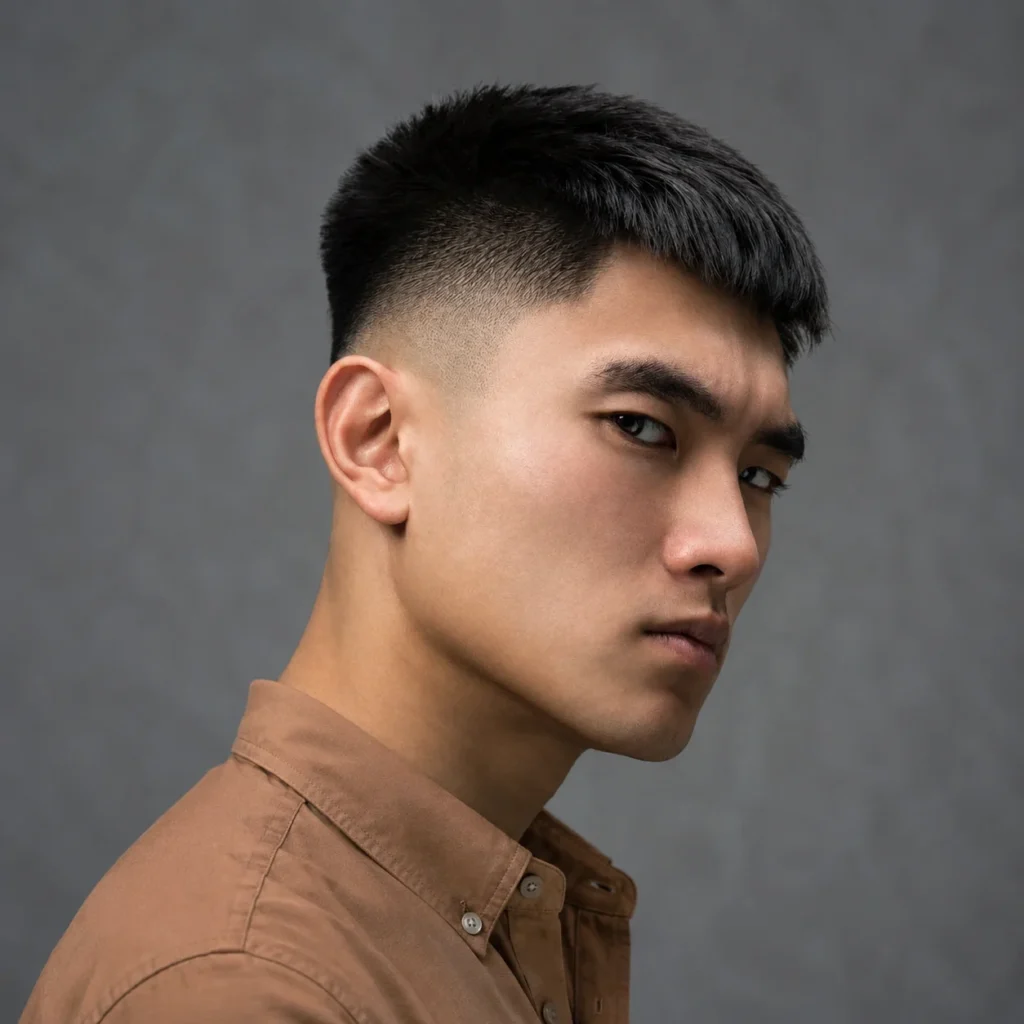 Potret close-up seorang pria muda dengan potongan rambut fade yang tajam, mengenakan kemeja cokelat, dengan ekspresi serius di depan latar belakang abu-abu netral — inspirasi gaya rambut sempurna untuk potongan fade modern.
