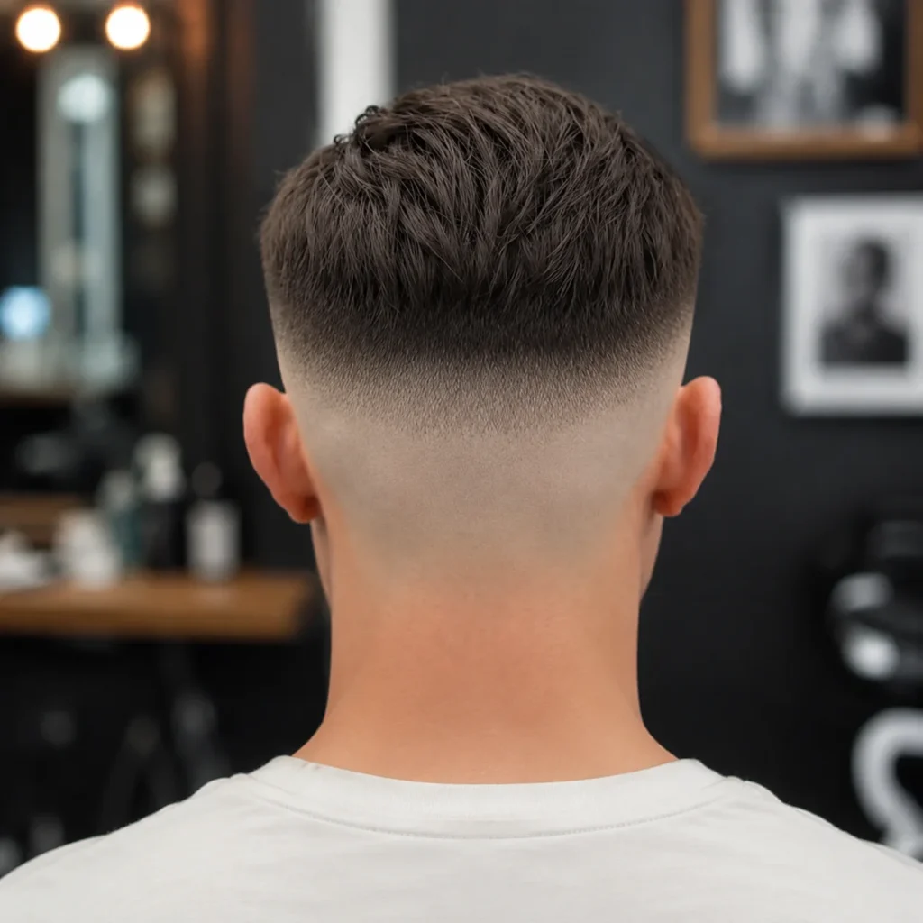 Tampilan belakang seorang pria dengan potongan rambut short fade modern, menampilkan skin fade yang halus dari bagian leher hingga ke bagian atas yang bertekstur, cocok untuk inspirasi gaya rambut trendi di website.
