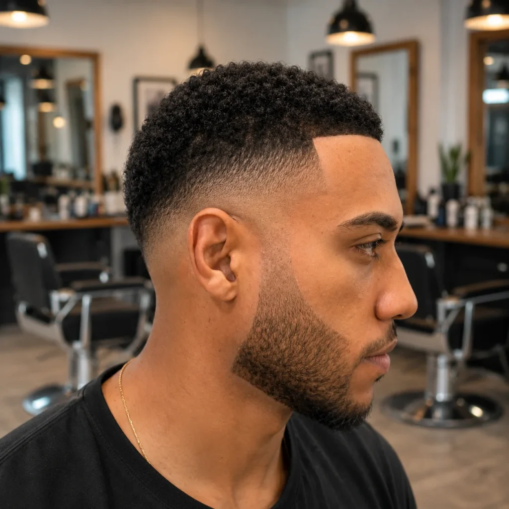 Side profile seorang pria muda dengan potongan rambut short fade yang tajam dan janggut yang rapi, duduk di barbershop modern, menampilkan garis rambut yang bersih dan fade yang halus untuk tampilan yang stylish.
