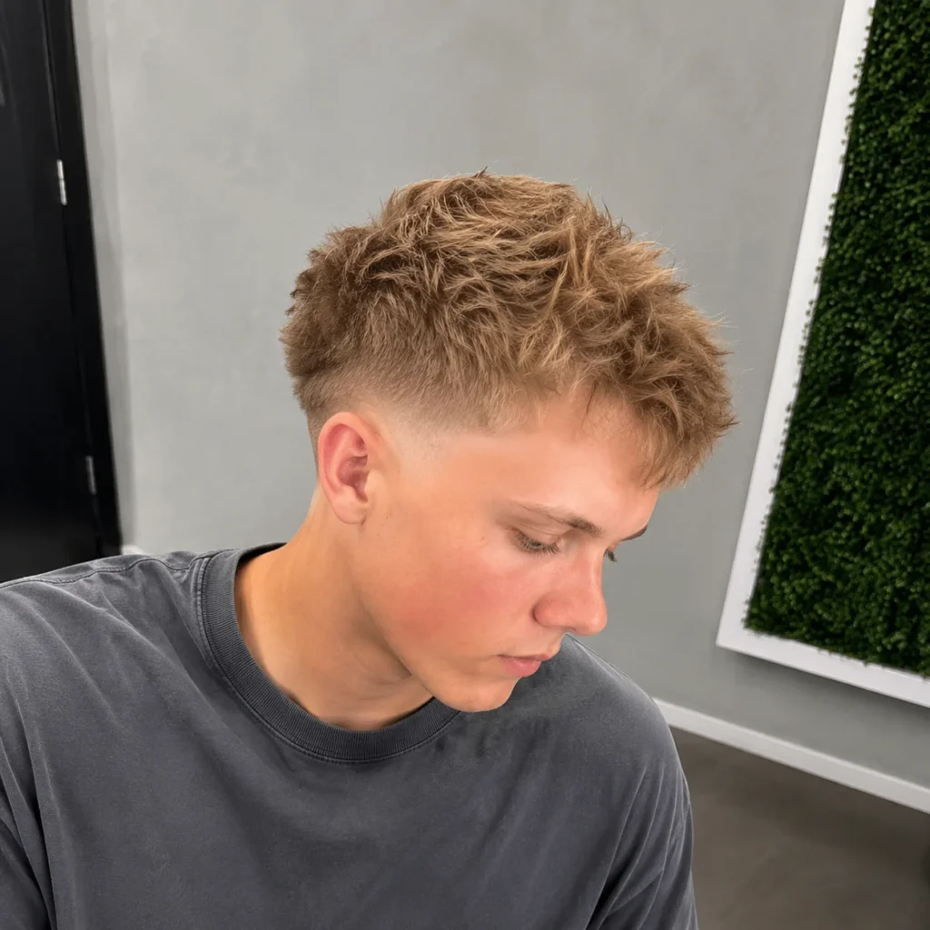 Pria muda dengan potongan rambut blonde fade bertekstur, mengenakan kemeja abu-abu di barbershop modern — gaya rambut fade.
