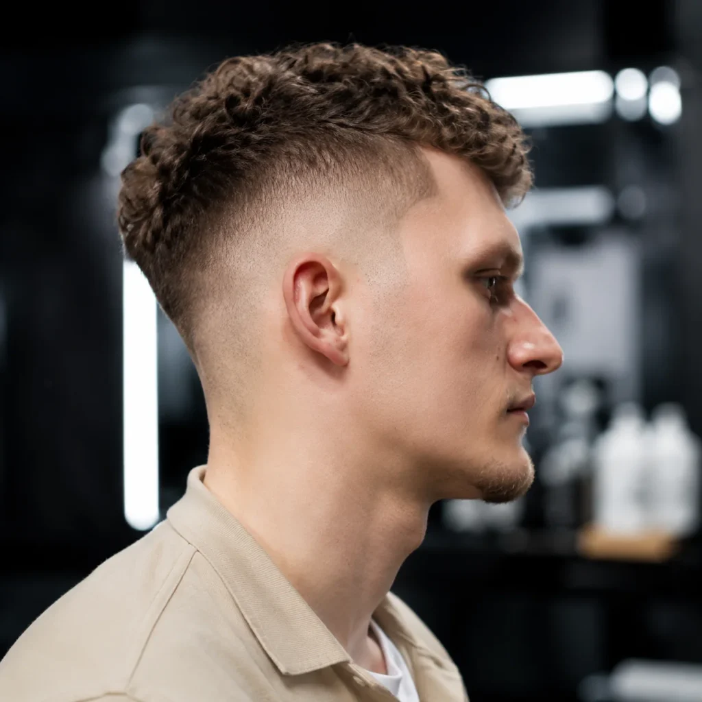 Side profile seorang pria muda dengan rambut pendek keriting dan potongan skin fade, mengenakan kemeja berwarna krem, berpose di barbershop modern dengan latar belakang indoor yang buram, menampilkan potongan rambut fade yang stylish dan profesional.

