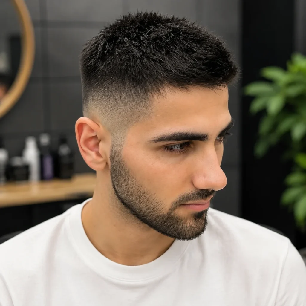Pria muda dengan potongan rambut fade yang tajam dan janggut di barbershop modern.
