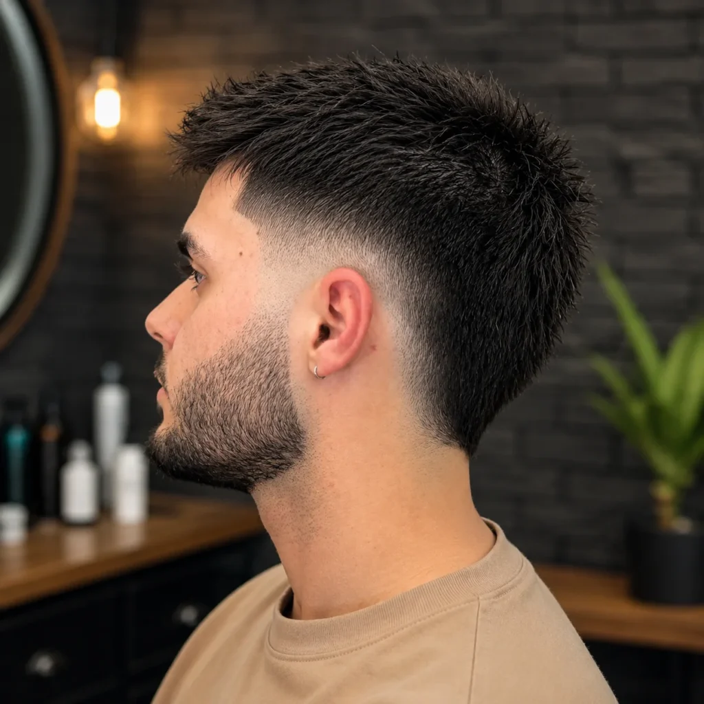 Potongan rambut crop pendek bertekstur dengan mid skin fade yang bersih dan perpaduan janggut yang tajam, tampilan samping gaya rambut pria yang stylish dengan latar belakang barbershop modern – fadehaircut.blog
