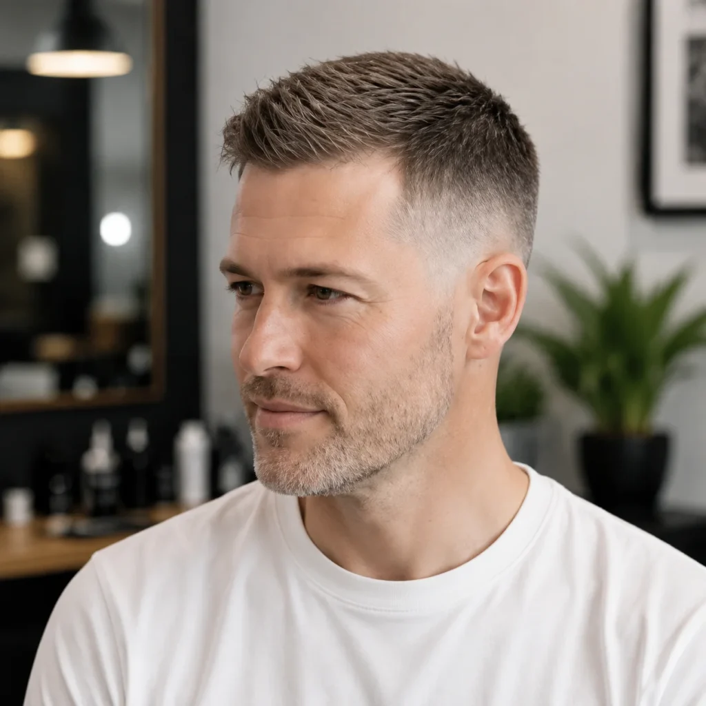 Pria dengan potongan rambut short fade dan janggut tipis (stubble) di barbershop modern.
