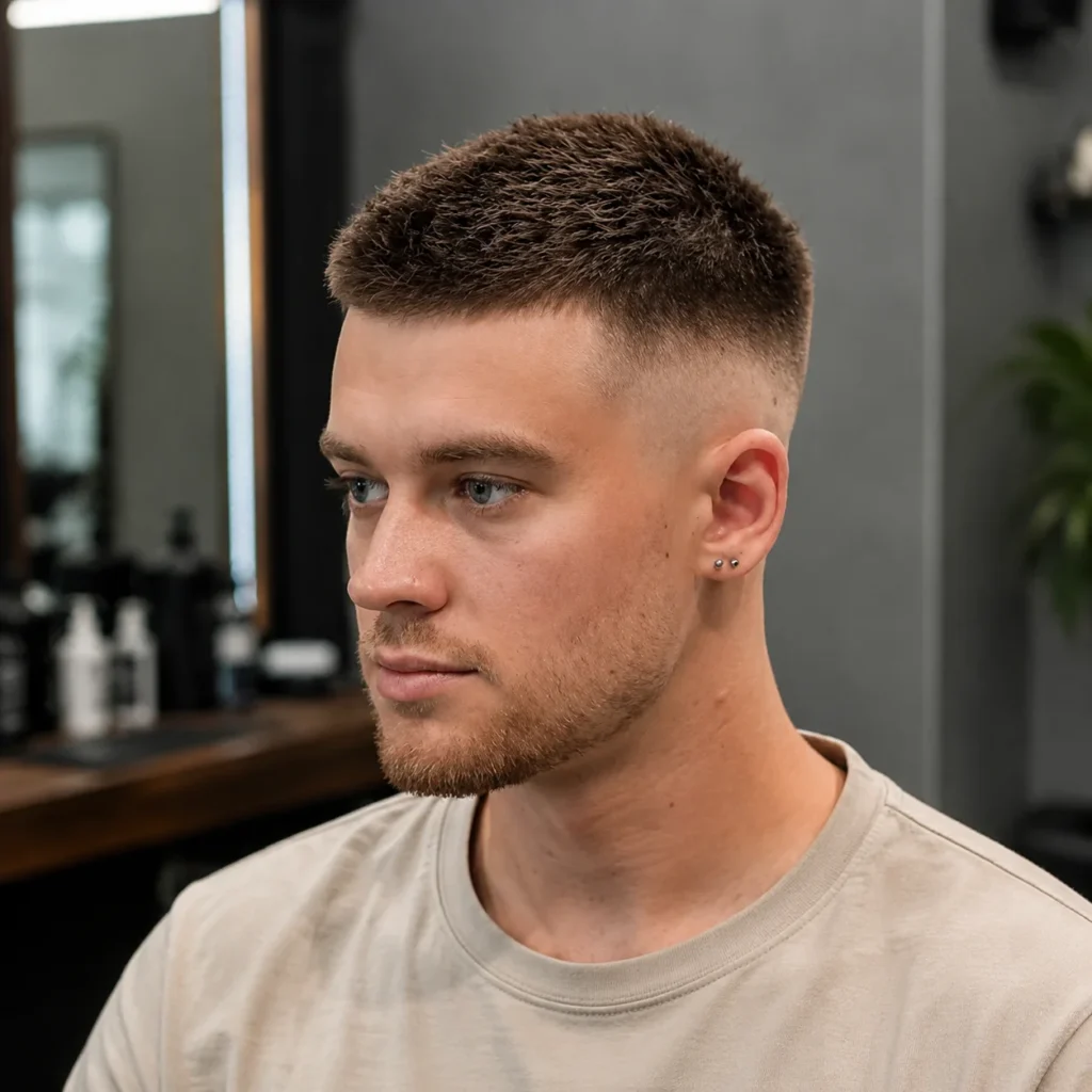 Pria muda dengan potongan rambut thick crew cut fade dan janggut yang rapi, mengenakan kaos berwarna krem, duduk di barbershop modern dengan latar belakang indoor yang buram, menampilkan potongan rambut fade yang stylish dan profesional.
