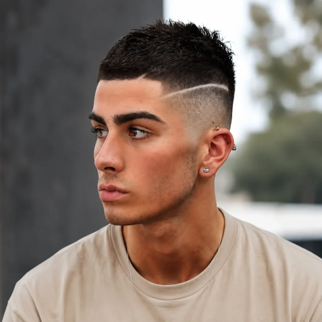 Close-up seorang pria muda dengan potongan rambut high fade stylish yang menampilkan bagian atas bertekstur dan garis cukur yang tajam, mengenakan anting dan kaos berwarna netral, berpose di luar ruangan dengan latar belakang perkotaan yang buram.
