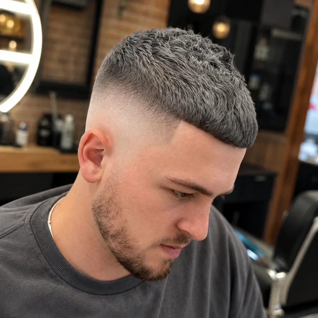 Potongan rambut high fade textured crop untuk pria dengan garis lineup yang tegas dan skin fade rapi, gaya barber modern dengan bagian atas pendek bertekstur – fadehaircut.blog