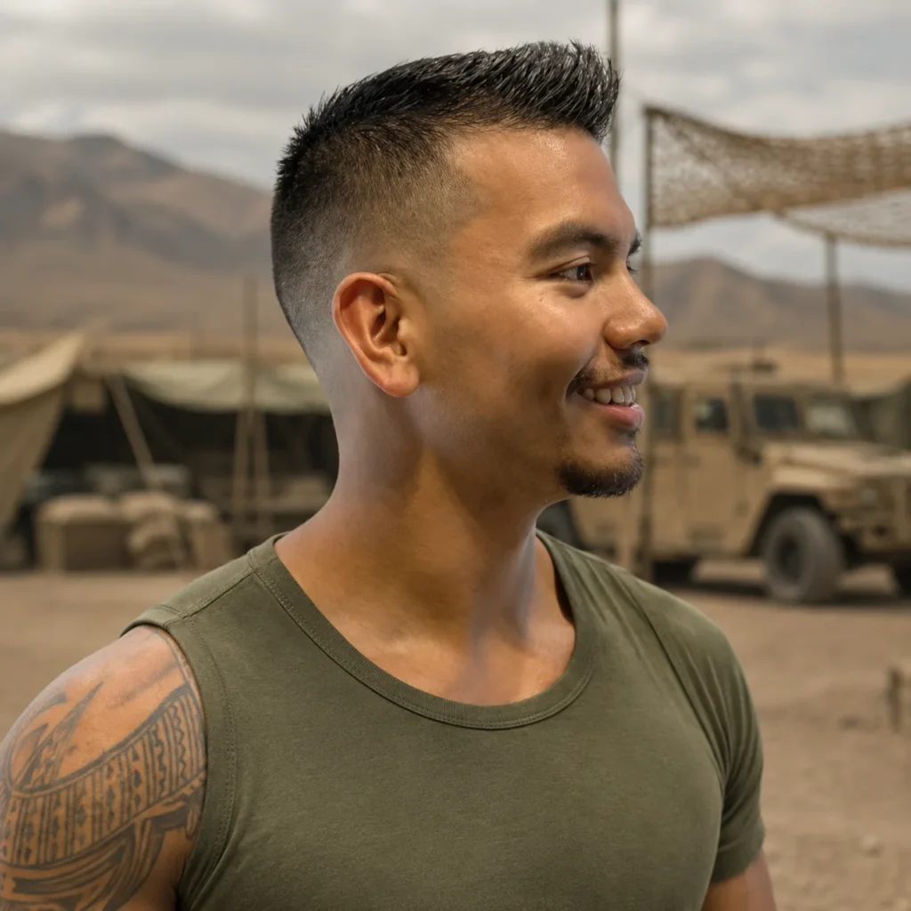 Potret profil sisi seorang lelaki yang tersenyum dengan potongan rambut military fade yang tajam dan rambut gelap bertekstur, memakai sleeveless shirt gaya tentera berwarna hijau olive. Latar belakang menampilkan kem tentera luar yang realistik dengan khemah, kenderaan, dan gunung dalam suasana padang pasir yang lasak.
