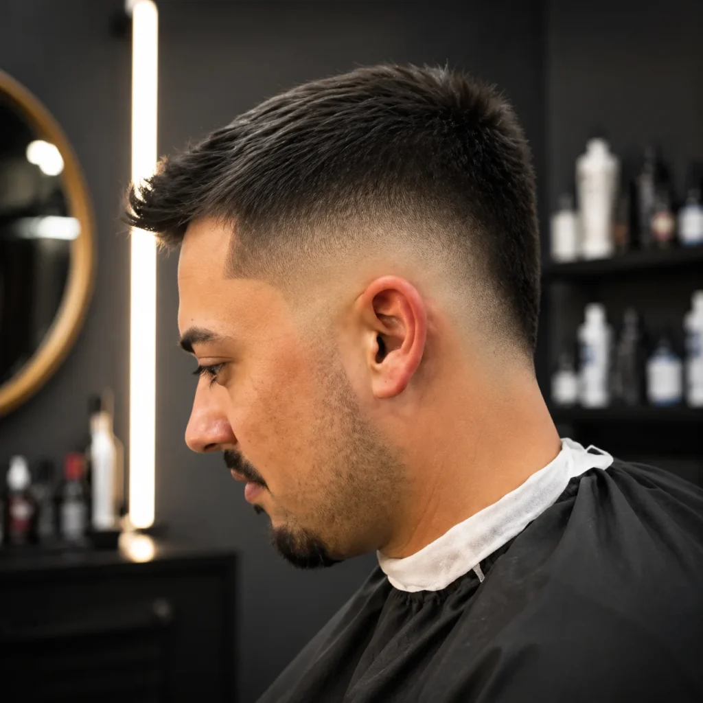 Profil sisi seorang lelaki dengan potongan rambut fade moden dan janggut kemas dalam suasana kedai gunting rambut.
