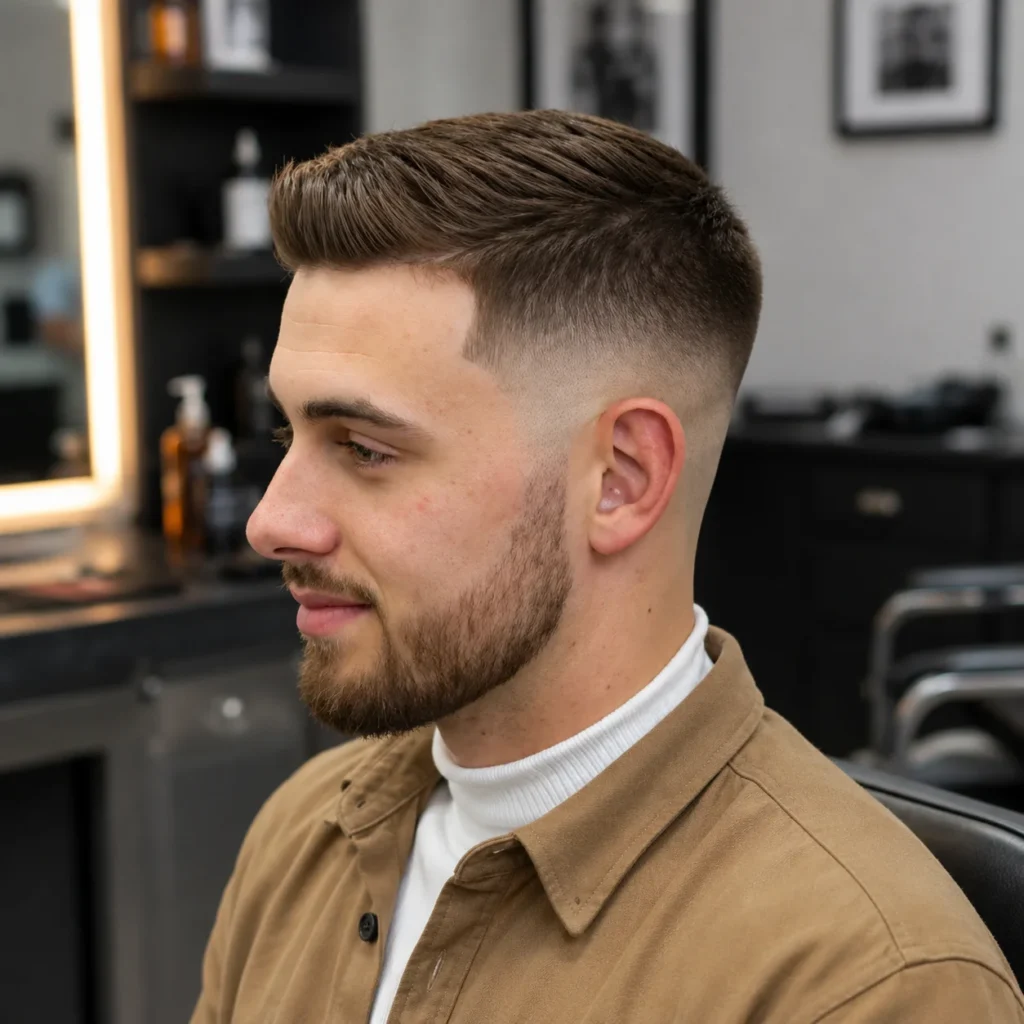 Pria muda dengan potongan rambut short taper fade yang rapi dan rambut yang ditata, di dalam barbershop modern.
