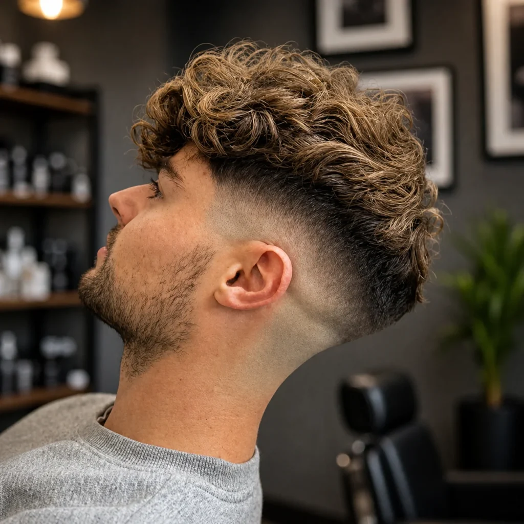 Potongan rambut mid bald fade dengan bagian atas keriting tebal bertekstur, gradasi taper yang bersih, serta gaya rambut pria modern yang ditata di barbershop profesional.
