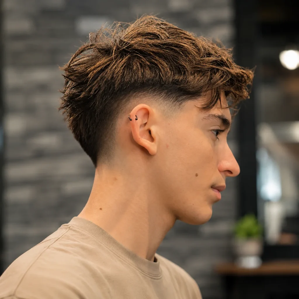 Rambut cokelat bertekstur dan berantakan (messy) dengan potongan low fade yang bersih, tampilan samping gaya rambut pria yang stylish dengan kemeja beige lembut dan latar belakang barbershop modern yang blur – fadehaircut.blog
