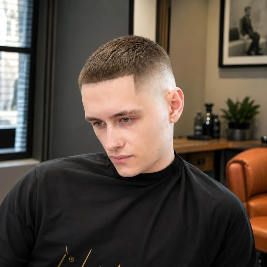 Pria muda dengan potongan rambut buzz cut fade yang tajam sedang duduk di barbershop modern dalam ruangan, mengenakan cape barber berwarna hitam dengan sisi rambut skin fade yang bersih dan bagian atas rambut pendek bertekstur.
