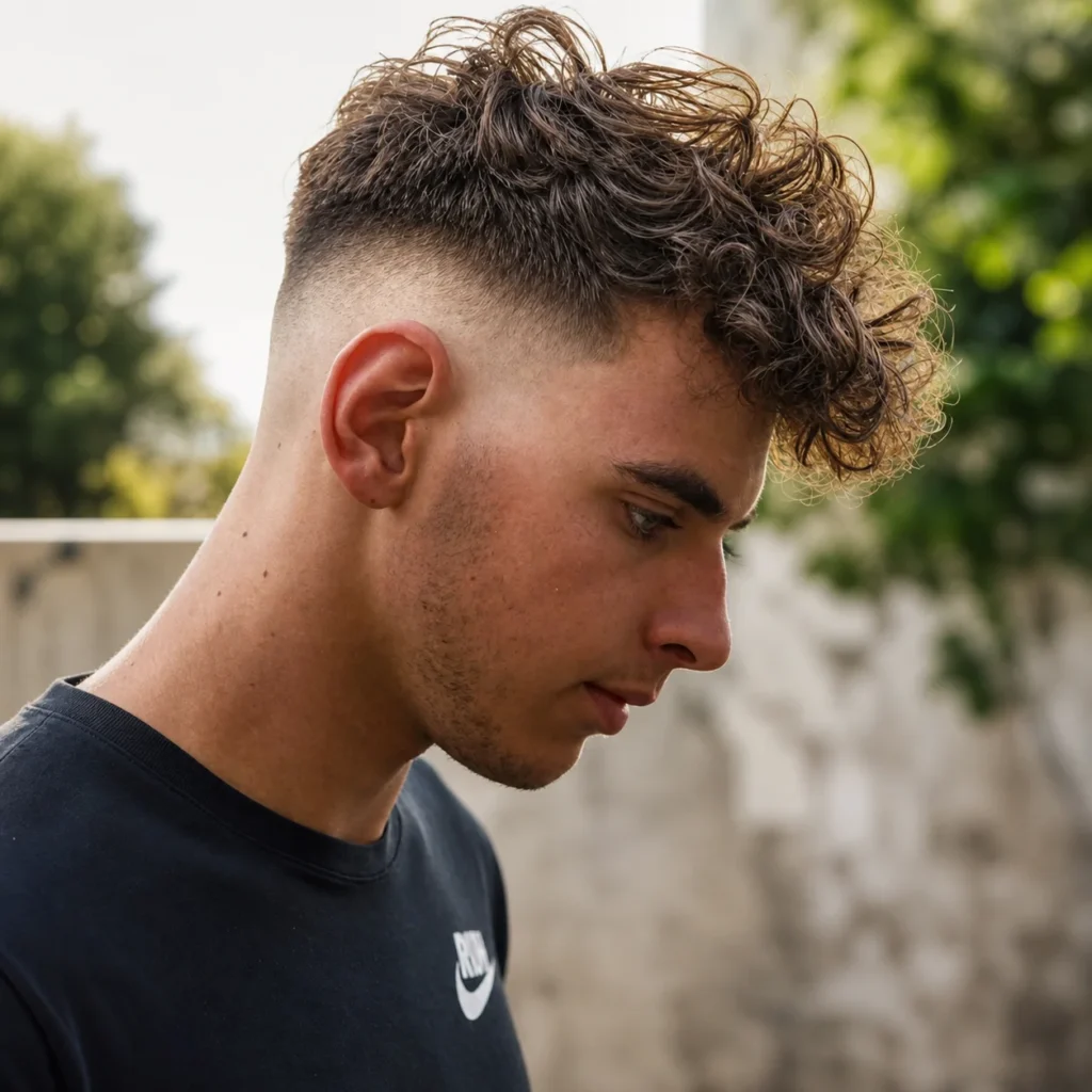 Potongan rambut curly high fade dengan bagian atas bertekstur, sisi dengan skin fade yang bersih, serta gaya rambut pria modern yang ditata di luar ruangan dengan pencahayaan alami.
