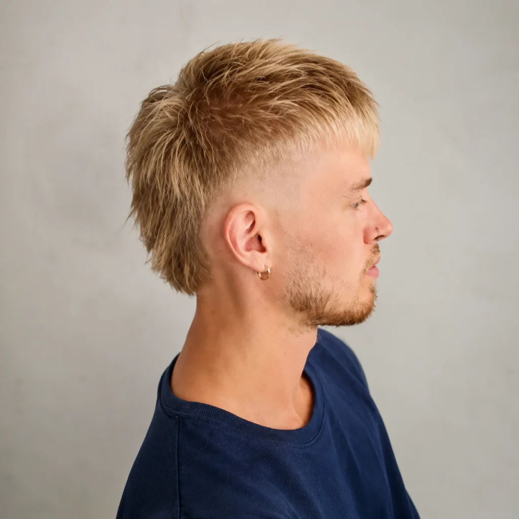 Profil sisi seorang lelaki muda dengan potongan rambut skin mullet fade yang trendy, memakai kemeja biru navy, menampilkan gaya rambut bertekstur moden untuk lelaki.
