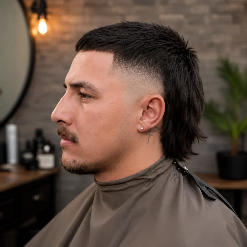 Potongan rambut mullet fade modern dengan skin fade yang tajam dan bagian belakang bertekstur, tampilan samping gaya rambut pria yang stylish dengan janggut dan latar belakang studio barbershop yang bersih – fadehaircut.blog
