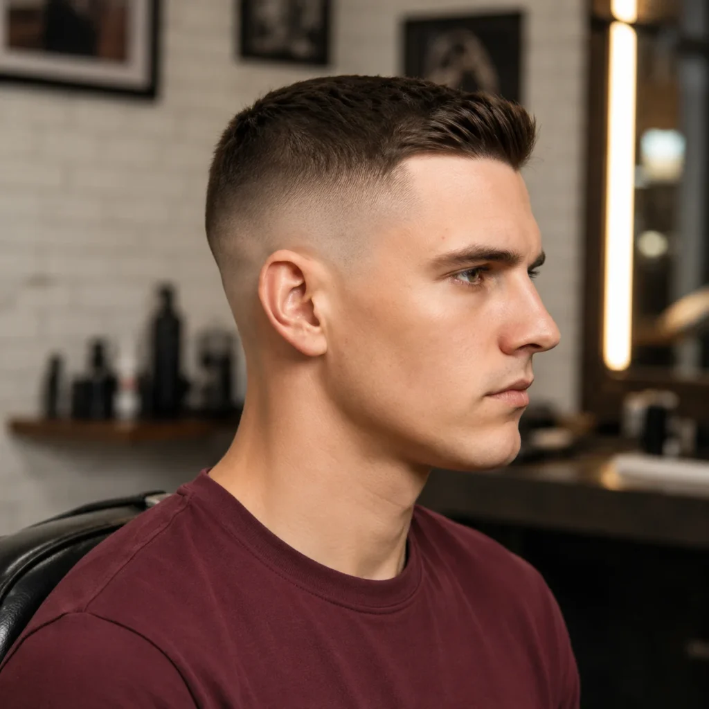 Skin Taper Fade Haircut dengan bagian atas pendek bertekstur dan tampilan profil samping yang tajam di setting barbershop modern.
