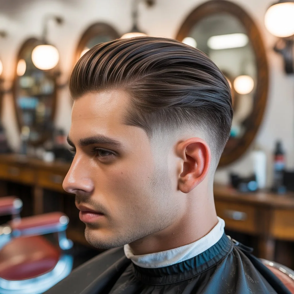 Potongan rambut **slick back drop fade** dengan rambut disisir ke belakang dengan kemas dan skin fade yang bersih dalam suasana kedai gunting rambut moden – inspirasi premium gaya rambut fade lelaki untuk Fade-Haircut.com
