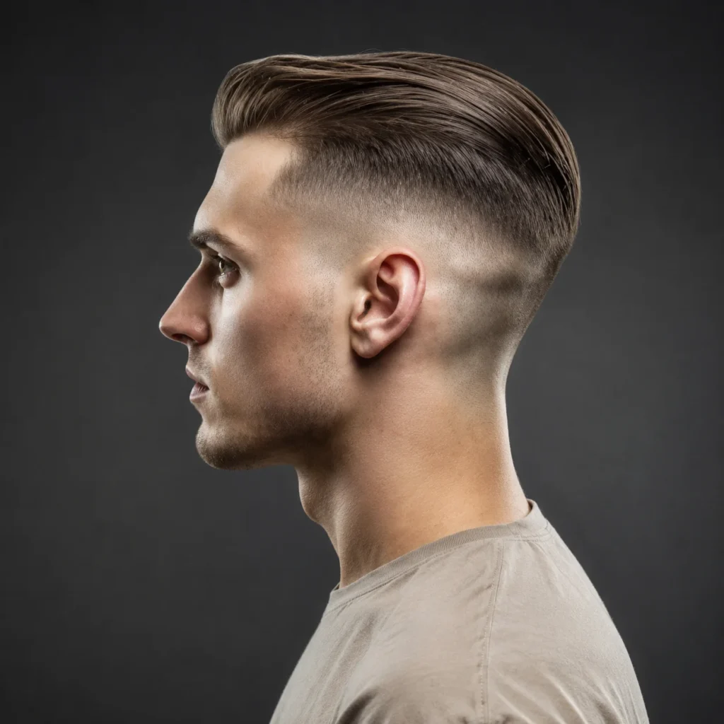 Tampilan samping seorang pria dengan slick back fade haircut dan low skin fade yang tajam, mengenakan kaos beige dengan latar studio gelap.