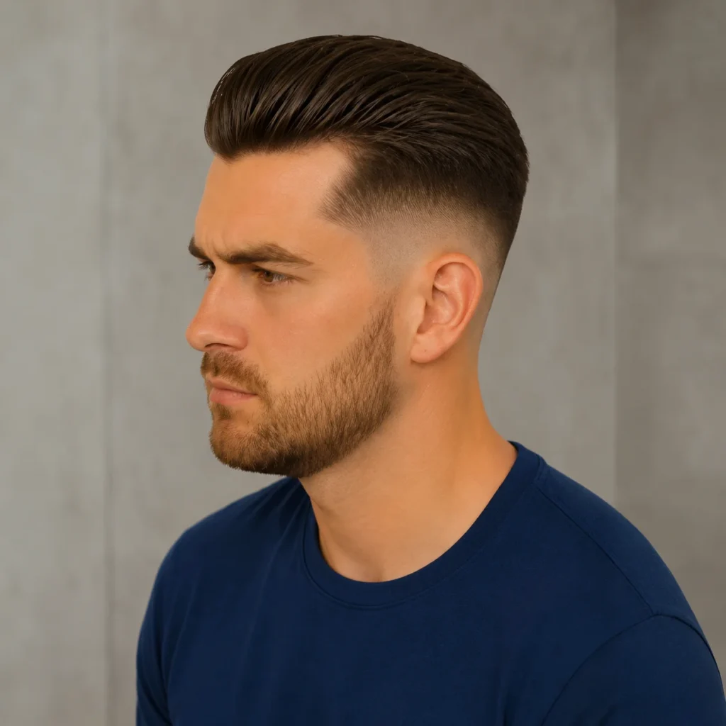 Potret profil samping profesional seorang pria dengan potongan rambut slicked-back fade, mengenakan kaos biru navy dengan latar belakang studio abu-abu modern dalam resolusi tinggi.
