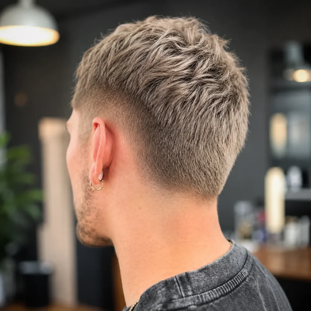 Pandangan belakang seorang lelaki dengan potongan rambut low fade yang kemas dan bahagian atas bertekstur berwarna blonde, menampilkan taper yang licin di sekitar leher dan telinga dengan latar belakang kedai gunting rambut moden.